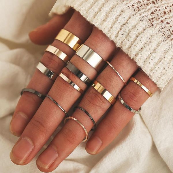 

cluster rings 14 pcs/set minimalist black/gold/silver color thin band for women metal midi ring knuckle finger jewelry anillos mujer1, Golden;silver