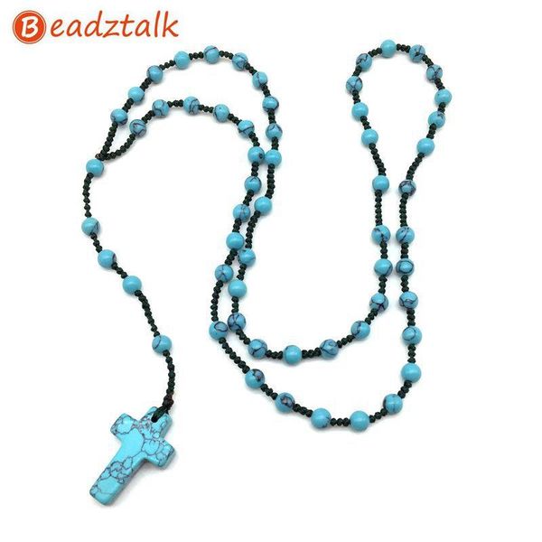 

beadztalk мужские женские католические католические каменные бисер 6 мм розарий бусина крест подвеска тканые веревочки ожерелье синий черный, Silver