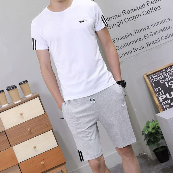 

new large size short sleeve t-shirt five point shorts sports suit men's fashion, Gray