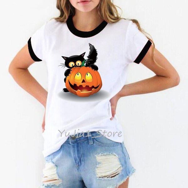 

happy halloween shirt women funny black cat pumpkin print cartoon tshirt womens ringer tee white t-shirt camisa feminina