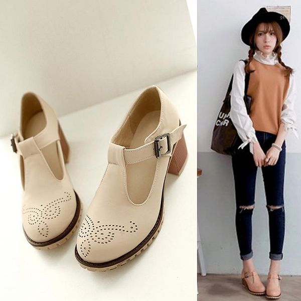 

2021 england style blue students shoes round toe beige white 6cm high heel thick heel women shoes1, Black