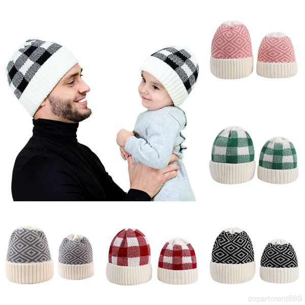 

parent-child beanie 8 colors winter warm kids knitted caps outdoor sports beanies plaid wool festive party hats dha2059