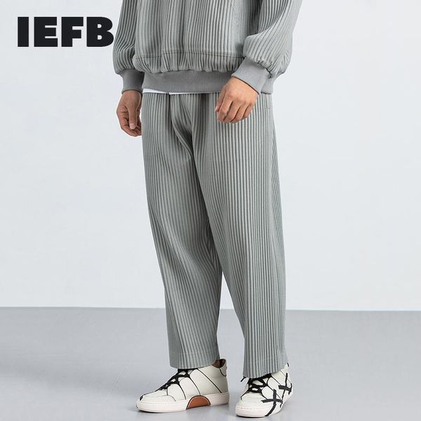 

iefb men's japanese streetwear pleated autumn winter thickened loose straight elastic waist ankle length pants 49531, Black