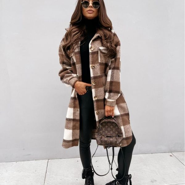 

autumn winter women long-sleeved plaid printed shirt jacket long shirt coat femme fashion loose turn down collar single-breasted, Black;brown