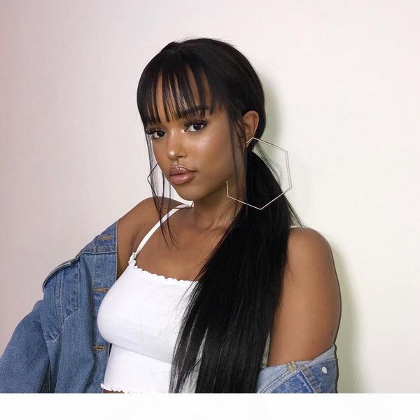 

silky straight 13x6 lace front human hair wigs with chinese bangs fringe wigs glueless full lace human hair wigs fringe wig for women, Black