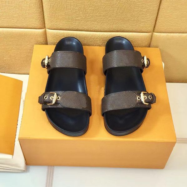 

2022 summer slippers designer slippers leather sandal slides 2 straps with adjusted gold buckles men and women platform flats fashion old fl, Black