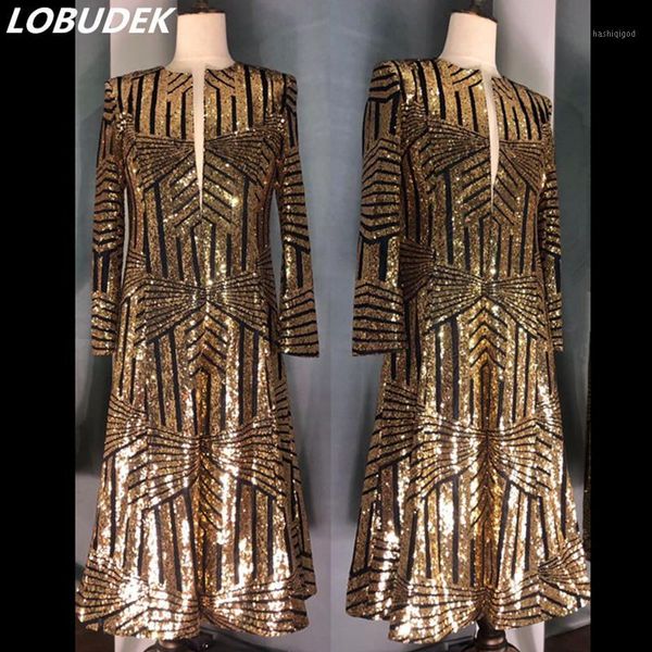 

men's singer bar nightclub concert stage shiny sequined long blazers gold embroidery sequins long coat overcoat customized s-4xl1, White;black