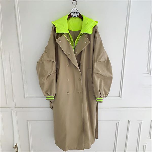 

ewq]2020 spring autumn new hooded trench coat korean plus size khaki long coat female trenchcoat overcoat sell fall clothes, Tan;black