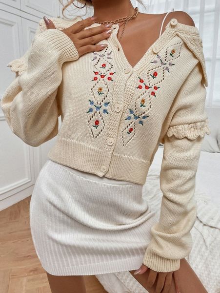 

statement collar floral embroidery cardigan r1wu#, White