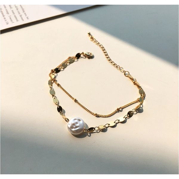 

мода ювелирные изделия браслет популярный дизайн металлическая цепочка золотое покрытие два слоя имитация белый жемчужный браслет для девочн, Black