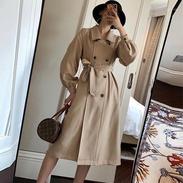 

england style long women trench coat autumn vintage lantern sleeve belt female outwear winter casual double breasted ladies coat1, Tan;black