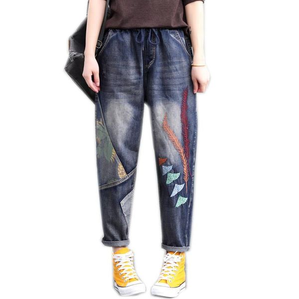 

women jeans denim pants spring autumn new big loose retro vintage bleached elastic waist casual long embroidery a11250934, Blue