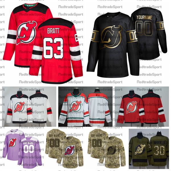 

2021 customize #63 jesper bratt new jersey devils jerseys golden edition camo veterans day fights cancer custom stitched hockey jerseys, Black;red