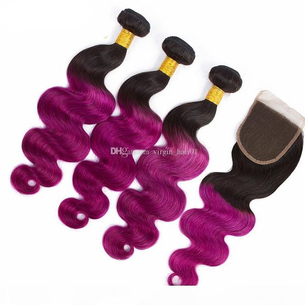 

brazilian virgin human hair purple body wave with lace closure black to purple 4*4 lace closure bleached knots with closure, Black;brown