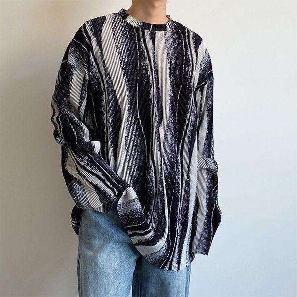 

korean style mens striped t shirt fashion long sleeve retro casual o-neck t shirt men streetwear wild loose autumn t-shirt mens, White;black