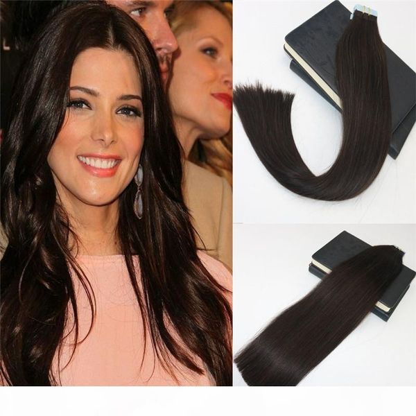 

double drawn tape in human hair extensions #2 darkest brown skin weft remy virgin tape on hair extensions salon professional pu tape ins, Black