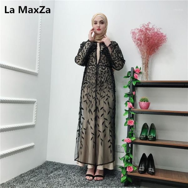 

kaftan lace cardigan leaf embroidered robe black abaya turkey dubai hijab muslim dress ramadan women marocain islamic clothing1, Red
