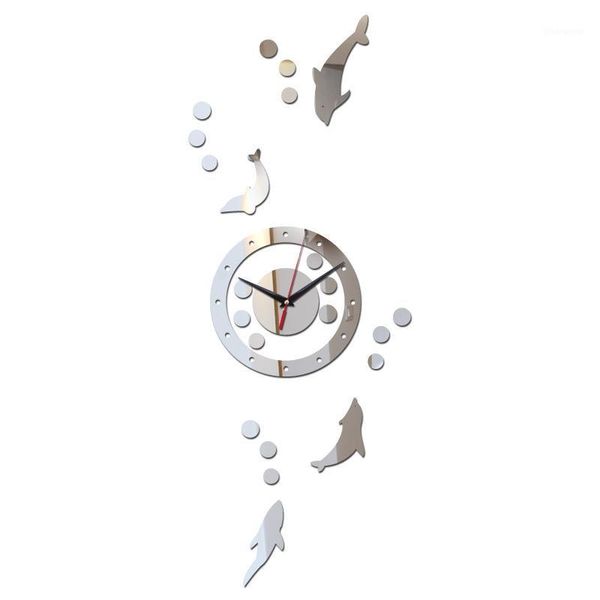 

new modern style acrylic mirror clock stickers diy fish decorated wall clocks for living room quartz wall watches1