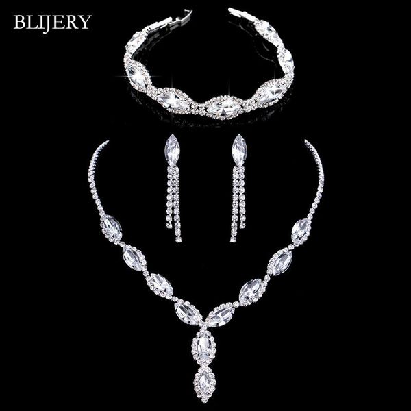 

blijery silver color rhinestone crystal wedding jewelry set floral choker necklace earrings bracelet set bridal jewelry sets