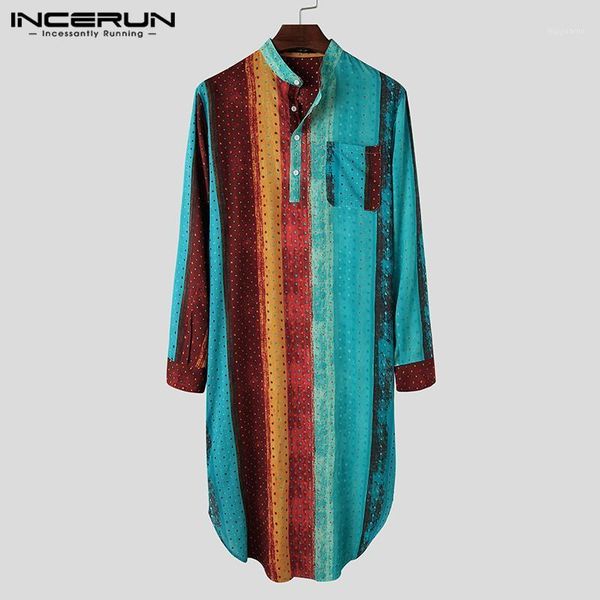 

incerun autumn colorful print nightgown men long sleeve stand collar sleep robes striped homewear men cotton sleepwear plus size1, Black;brown