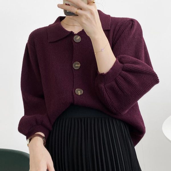 

2020 autumn retro collar three-quarter sleeve knitted cardigan women's sweater1, White