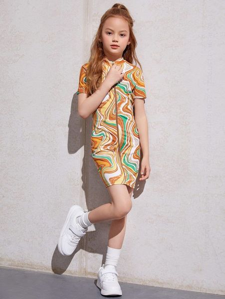 

girls zipper up marble print dress she, Red;yellow