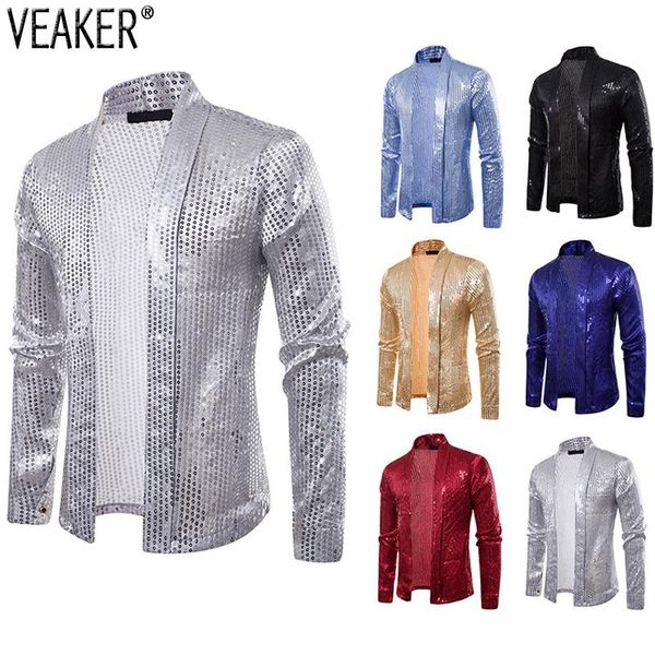 

2021 new men's shiny sequin thin blazer outerwear male slim fit long sleeve solid color party nightclub wedding gold blazers, White;black