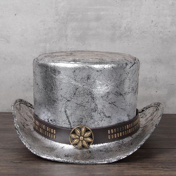

New 2021 Retro Women Men Leather Top Hat Flat Fedora Hat Magic Steampunk Cosplay Pork Pie Party Caps Dropshiping 13cm, Blue;gray