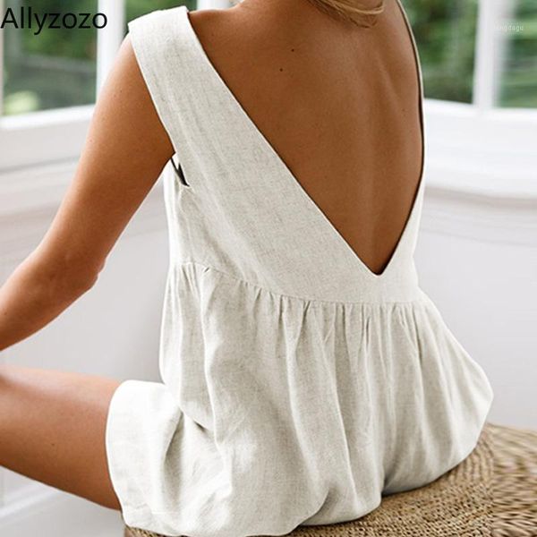 

allyzozo streetwear women summer casual backless playsuits beach cool rompers high waist sleeveless jumpsuits1, Black;white