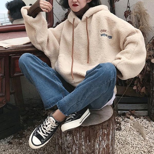 

new autumn winter thick warm coat artificial wool hoodies women hoody sweatshirt pullover casual lady loose long sleeve, Black