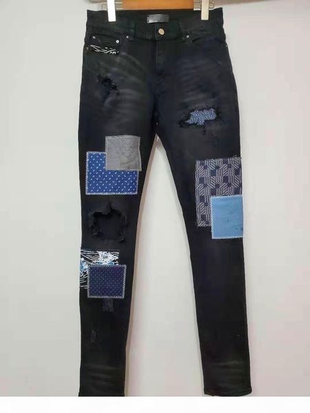 

new arrival am mens designer jeans fashion denim high street elastic patchwork ancient jeans spliced ripped biker pant us size, Blue