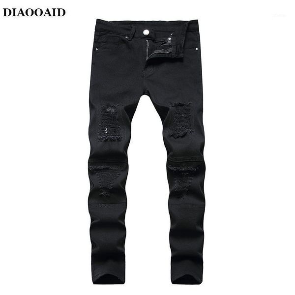 

2020 spring men's ripped streetwear skateboard hip hop punk stretch bike jeans trendy holes straight denim trouers1, Black