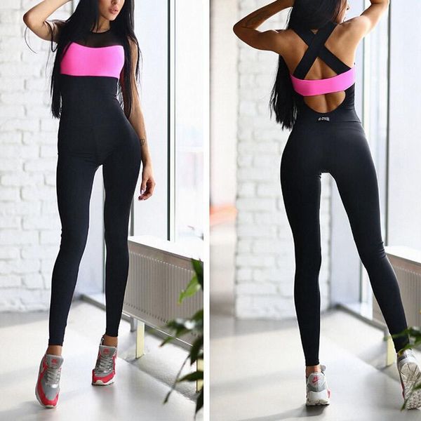 

yoga outfits women jumpsuits skinny overalls backless sport suit for running tight dance sportswear gym set1, White;red