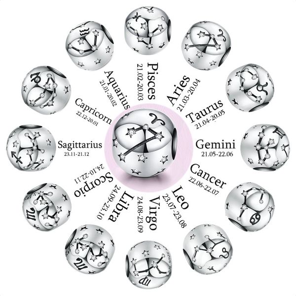 

genuine 925 sterling silver 12 constellation zodiac round beads fit original 3mm bracelet charms jewelry cmc1218 q1219, Bronze;silver