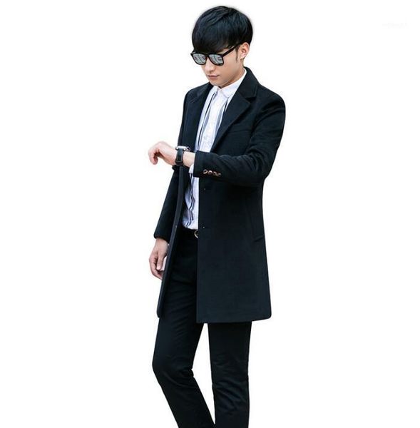 

casual medium long woolen coat men trench coats long sleeves overcoat mens cashmere coat casaco masculino england1, Black