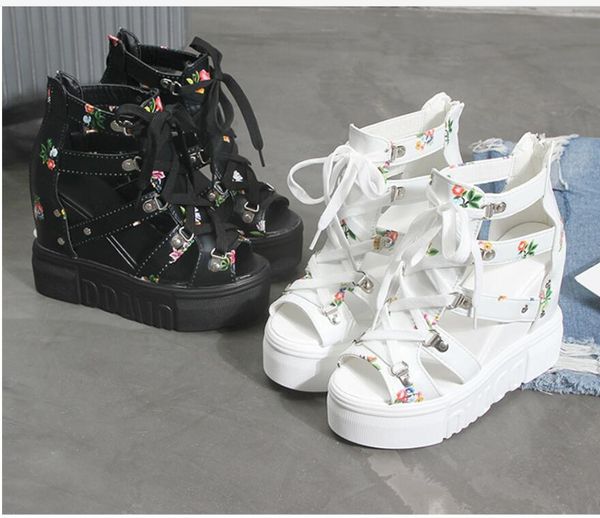 

summer 2021 europe and america new fashion sandals wedge heel floral breathable lace-up high heel women sandals size 34-39, Black