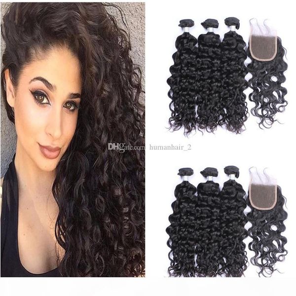 

deep wave human brazilian virgin hair weaves with lace closure deep curly hair weaves with lace closure 4pcs lot, Black;brown