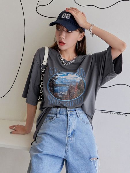 

dazy letter & view print drop shoulder tee x7nl#, White