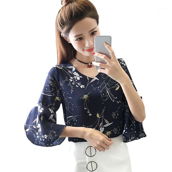 

women's v neck half flare sleeve floral print blouse sweet chiffon korean style shirts female plus size 3xl new arrival1, White
