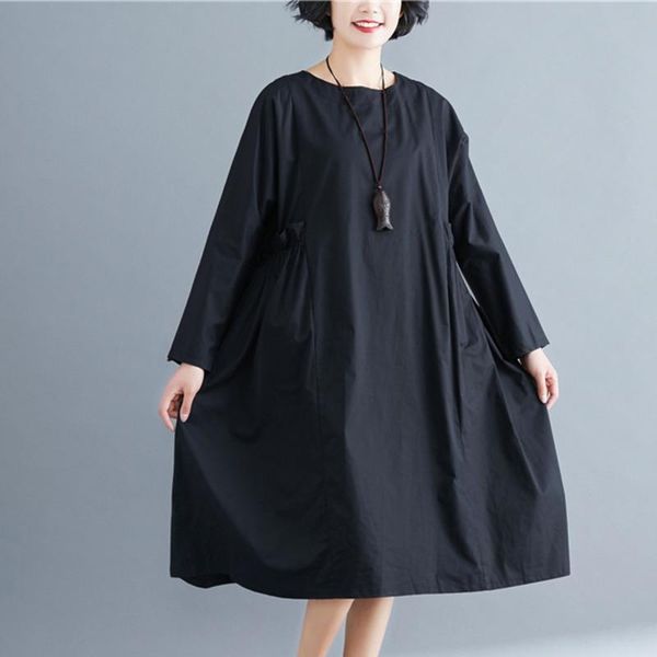 

#0244 spring plus size loose black pleated dress women long sleeve solid color a-line round neck knee-length dresses ladies, Black;gray