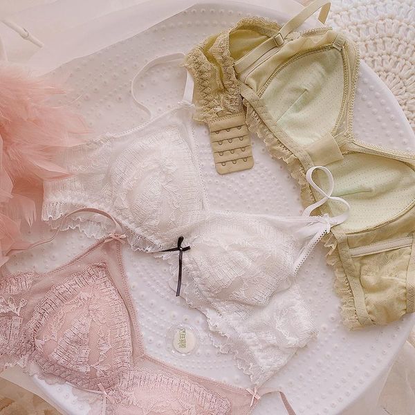 

bra women japanese lace trim underwear thin triangle cup latex undies small chest gathered cozy no steel ring bra1, Red;black