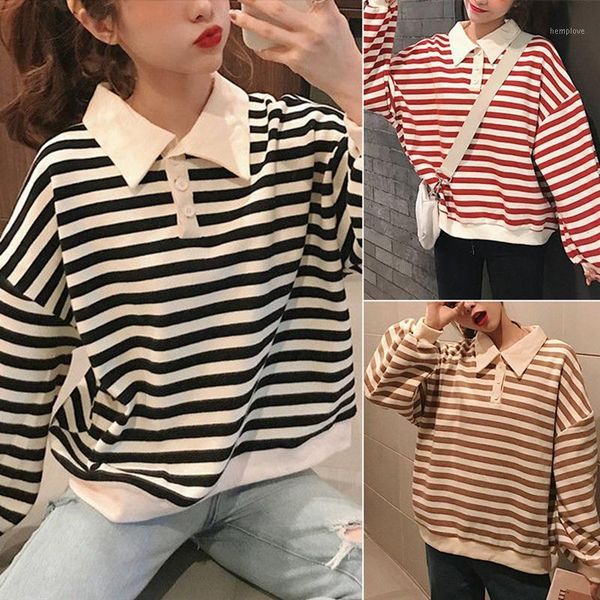 

women's striped long-sleeve t-shirt women's loose fashion foreign lapel sweater korean version1, White