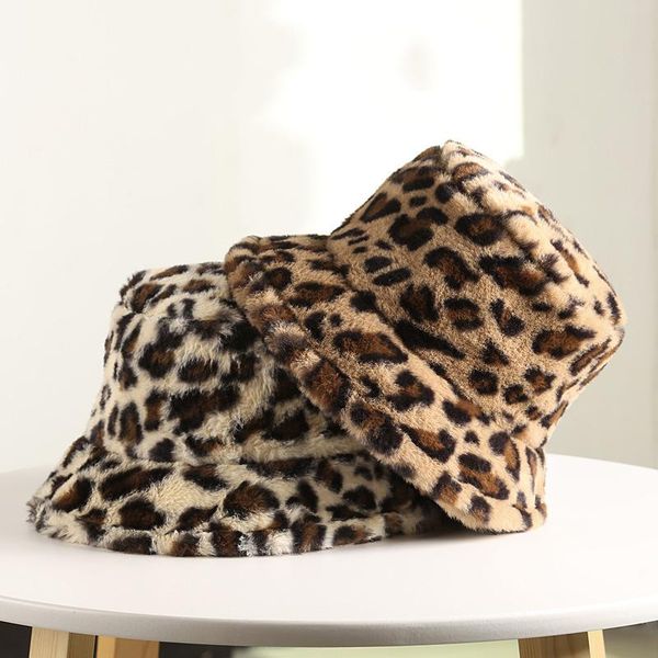 

women fur blend hat animal print leopard bucket foldable fashion ladies winter warm head caps 2020 new, Blue;gray