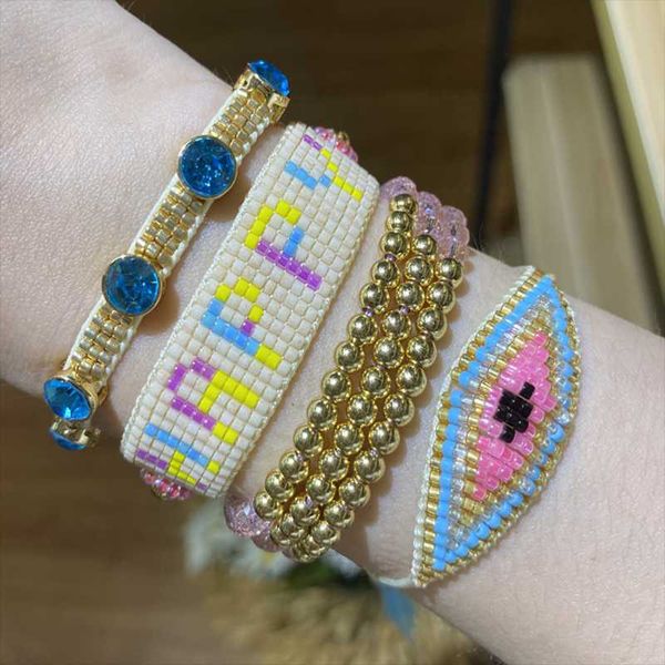 

bluestar turkish evil eye miyuki bead bracelet for women happy letter pulseras mujer moda gold cooper crystal handmade woven, Black