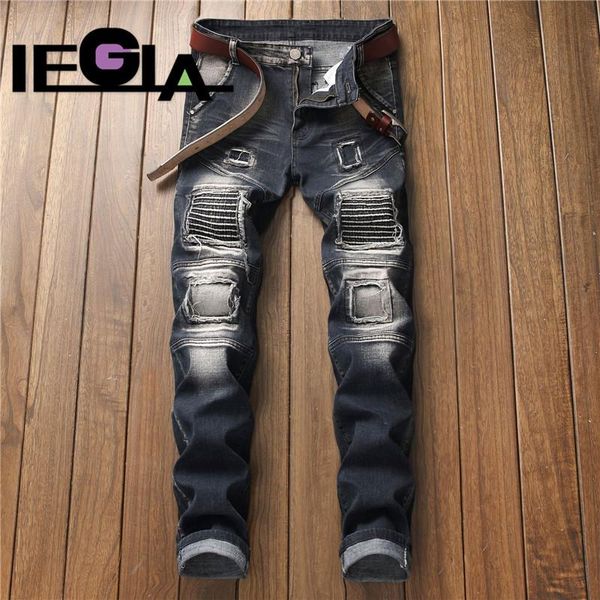 

men jeans design fashion biker jeans slim straight ripped jean brand casual patch elasticity mens destroyed trousers, Blue