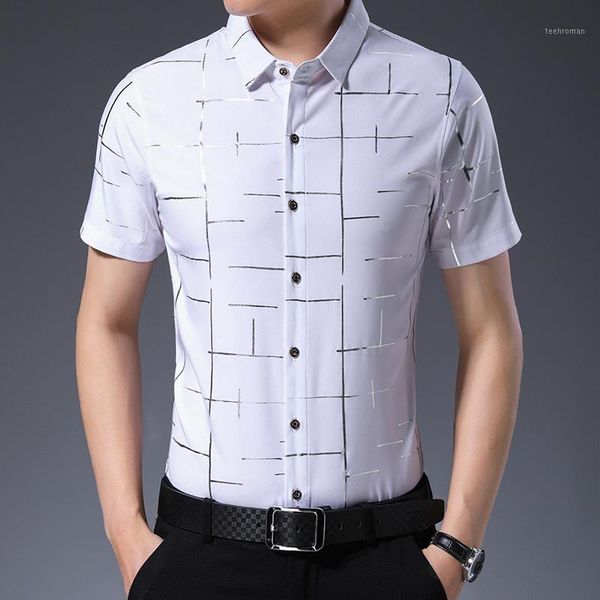 

men white striped printed shirt 2020 summer business dress casual mens short sleeve shirts fashion camisa man social plaid shirt1 men's, White;black