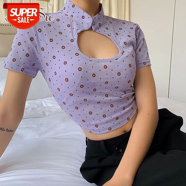 

artsu hollow out short sleeve floral print crop 2020 summer women casual vintage fashion stand collar t shirt asts28008 #fm9t, White