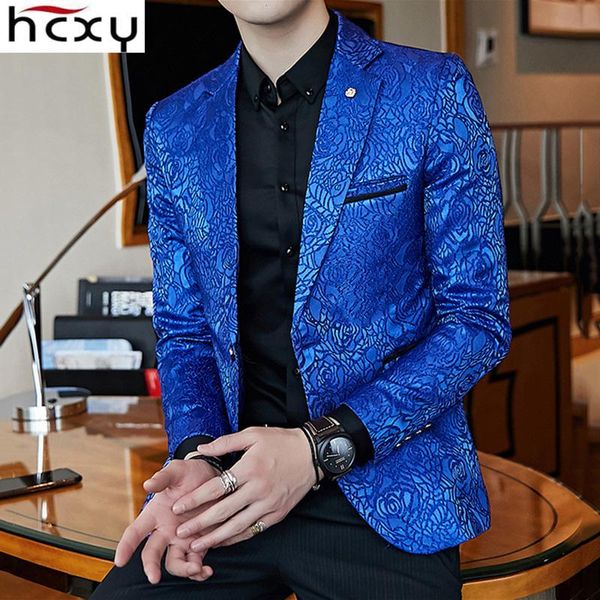 

men's suits & blazers hcxy 2021 floral stylish men slim fit mens blazer pattern printed blaser homens banquet suit jacket, White;black