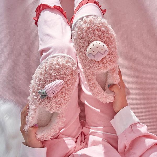 

cartoon fruit fluffy slippers women winter 2021 faux wool ladies flats shoes home indoor casual comfortable female footwear new, Black