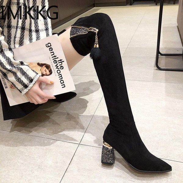 

boots women winter over the knee brown crystal high heels botas zapatos de mujer stretch thigh long buty damskie, Black